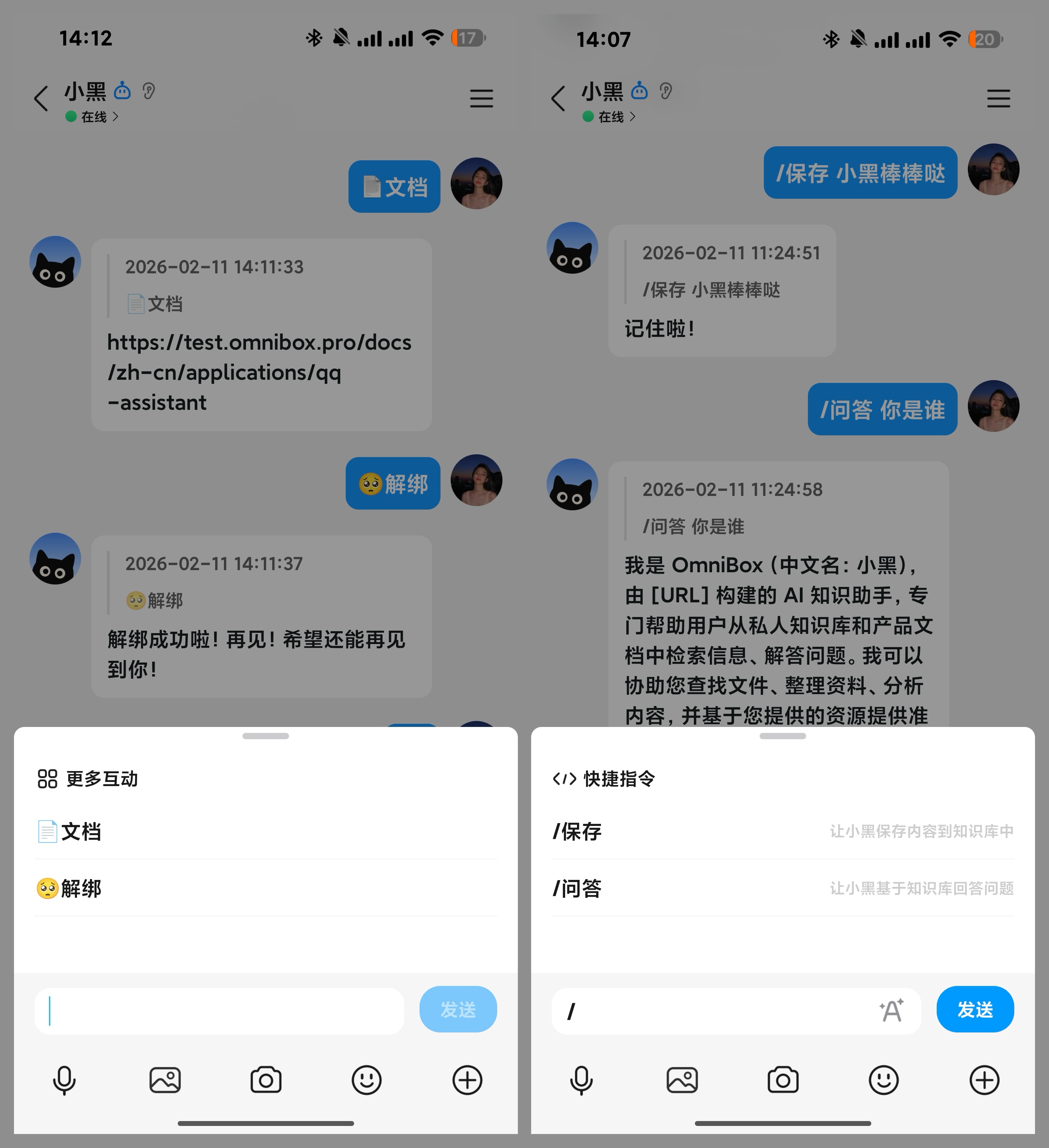 QQ 助手快捷操作和斜杠命令菜单